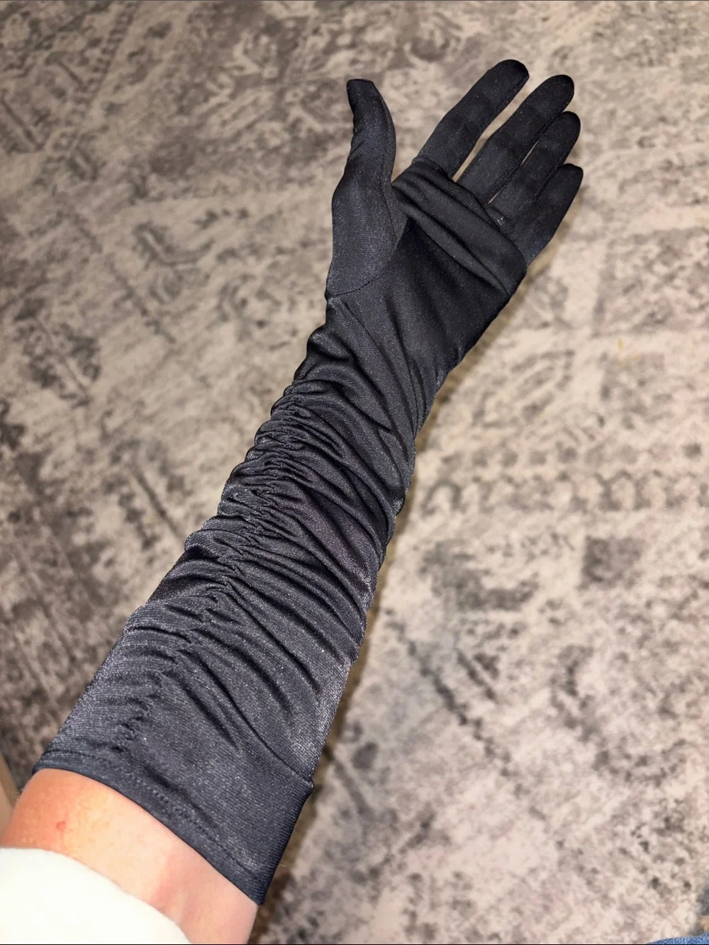 Black satin like ruched evening gloves
